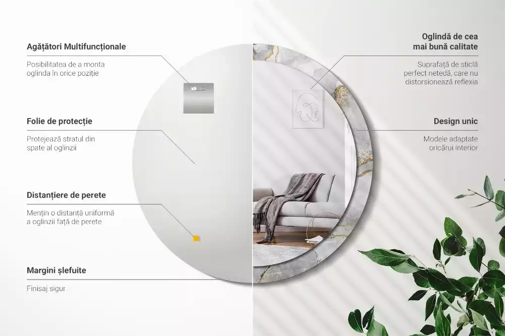 Spiegel mit bedrucktem Rahmen rund Marmor-Muster