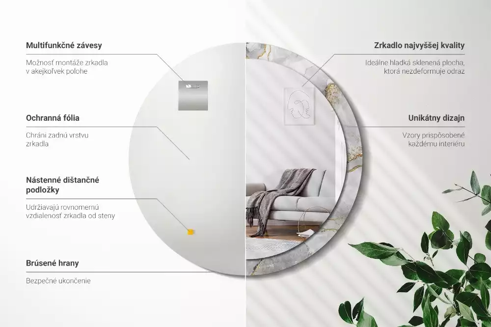 Spiegel mit bedrucktem Rahmen rund Marmor-Muster