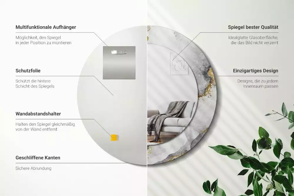 Spiegel mit bedrucktem Rahmen rund Marmor-Muster