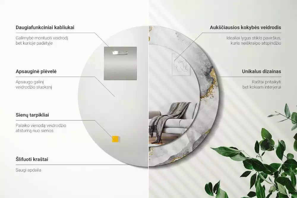 Spiegel mit bedrucktem Rahmen rund Marmor-Muster