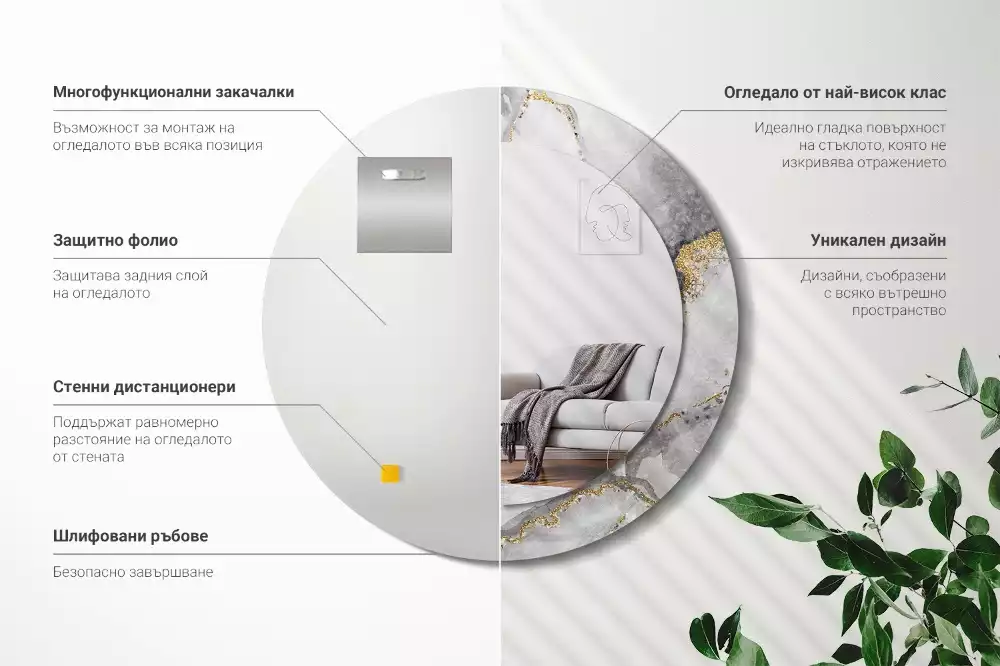 Spiegel mit bedrucktem Rahmen rund Marmor-Muster