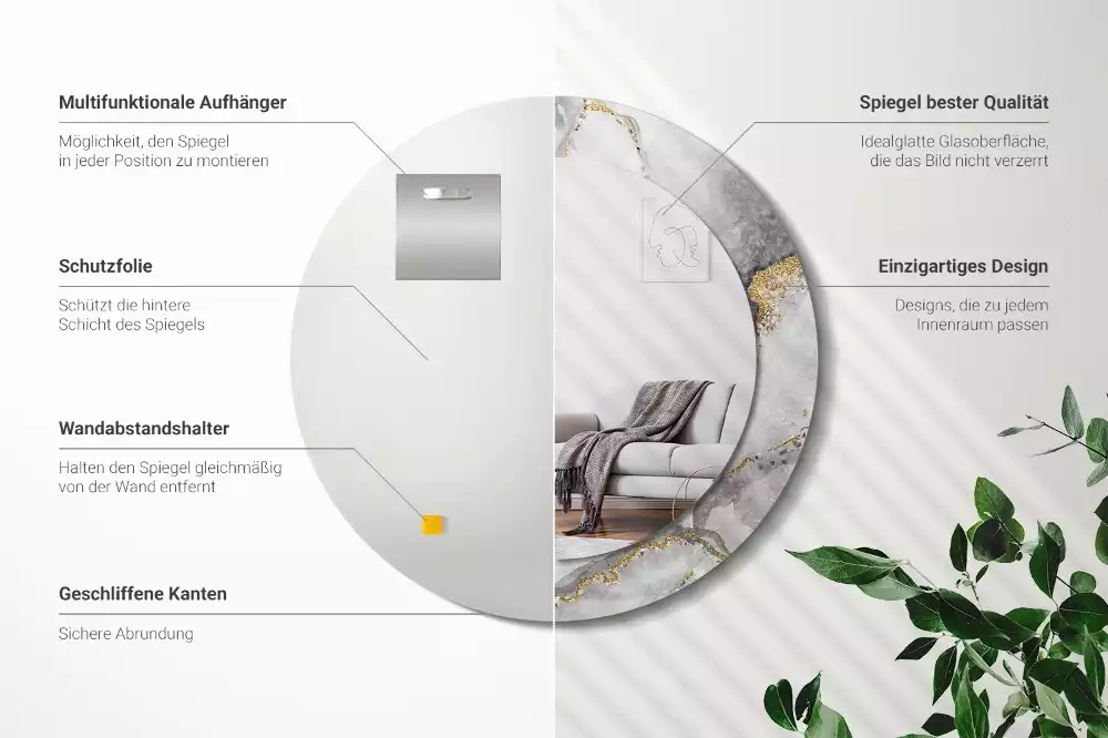 Spiegel mit bedrucktem Rahmen rund Marmor-Muster