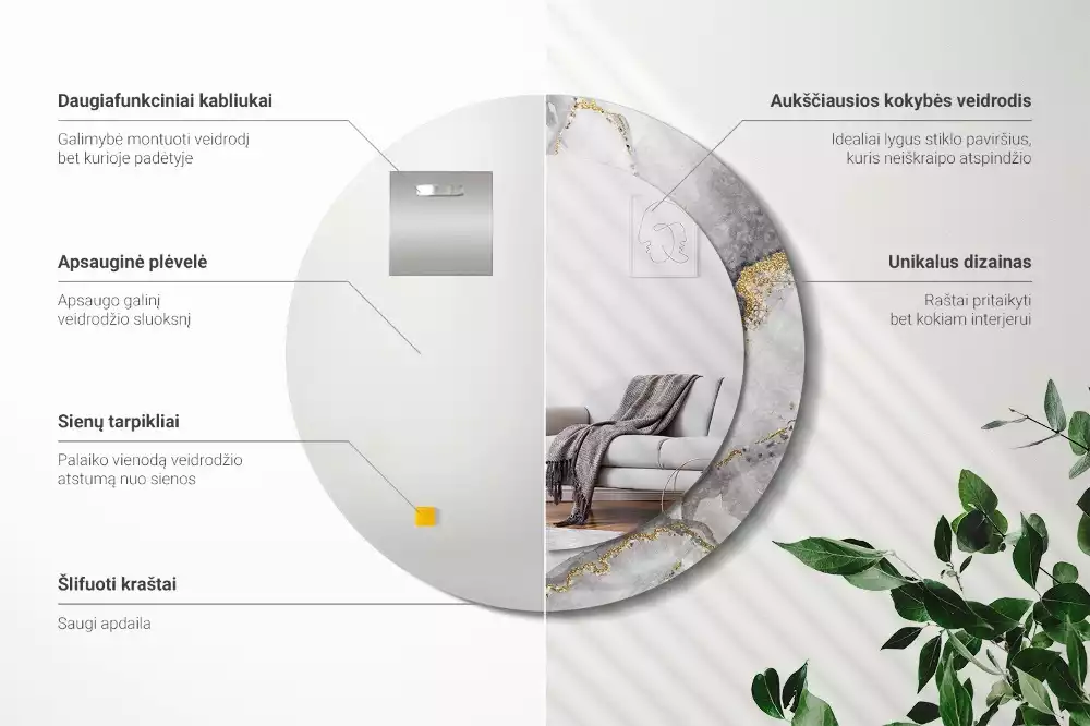 Spiegel mit bedrucktem Rahmen rund Marmor-Muster