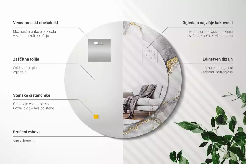 Spiegel mit bedrucktem Rahmen rund Marmor-Muster