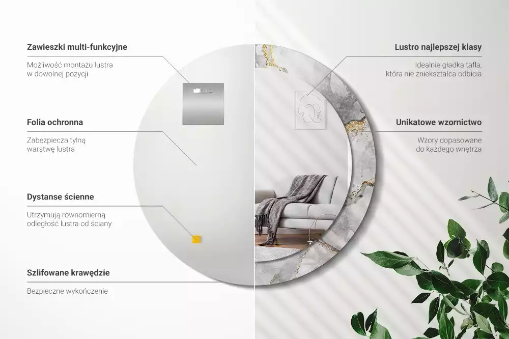 Spiegel mit bedrucktem Rahmen rund Marmor-Muster