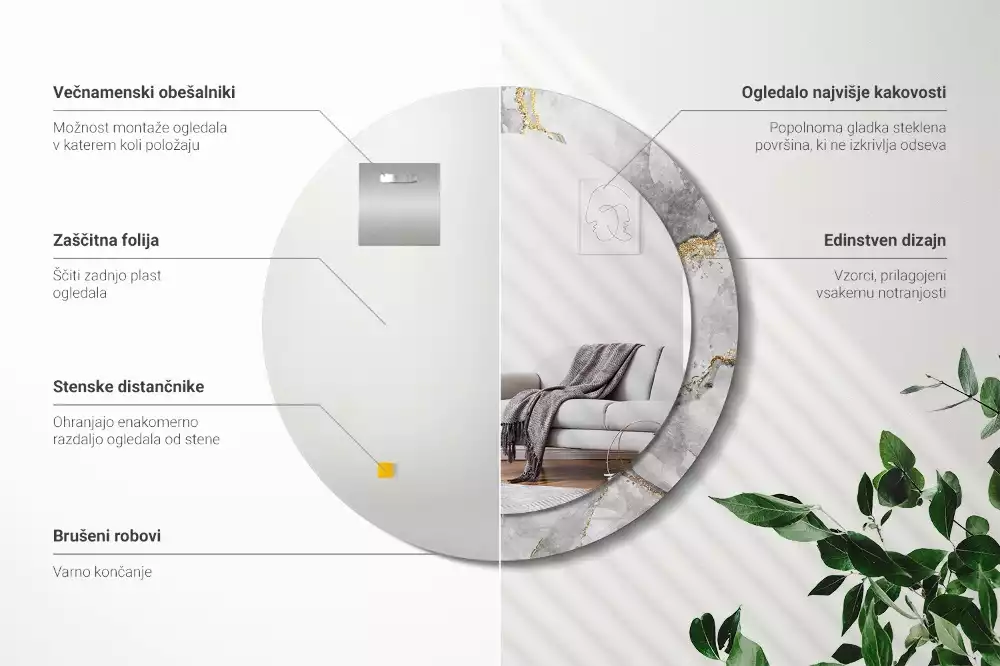 Spiegel mit bedrucktem Rahmen rund Marmor-Muster