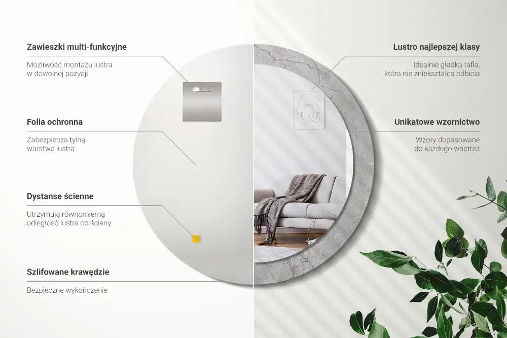 Spiegel mit bedrucktem Rahmen rund Grauer Zement
