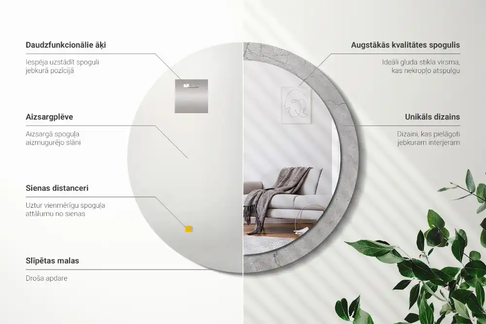 Spiegel mit bedrucktem Rahmen rund Grauer Zement
