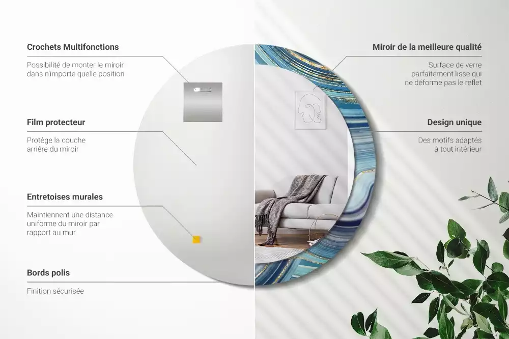 Spiegel mit bedrucktem Rahmen rund Blauer Marmor