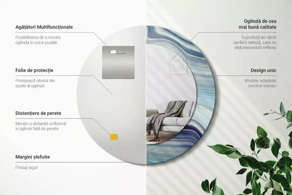 Spiegel mit bedrucktem Rahmen rund Blauer Marmor