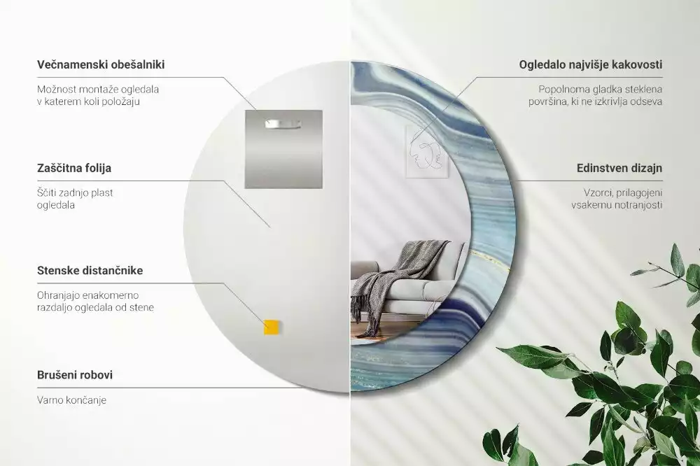 Spiegel mit bedrucktem Rahmen rund Blauer Marmor