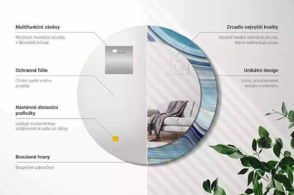 Spiegel mit bedrucktem Rahmen rund Blauer Marmor