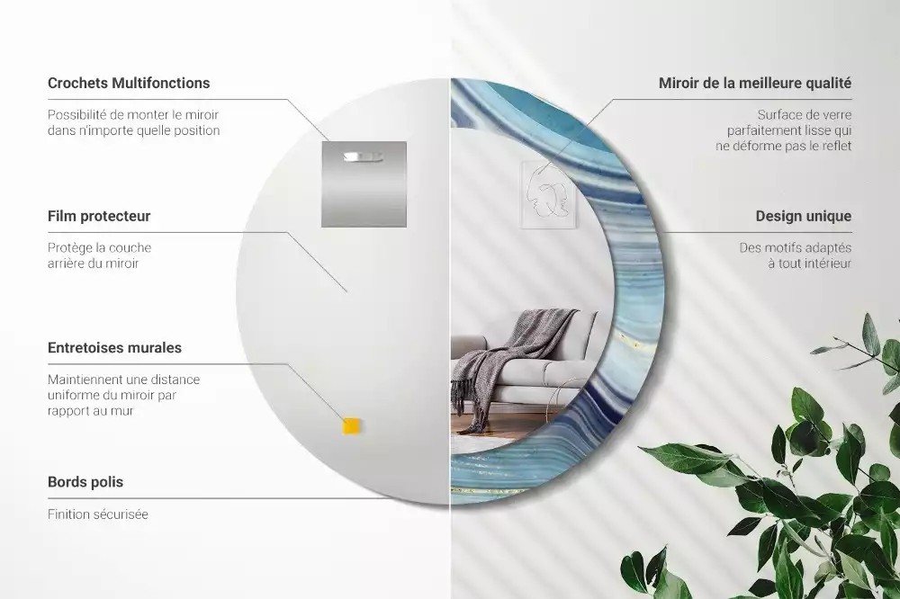 Spiegel mit bedrucktem Rahmen rund Blauer Marmor