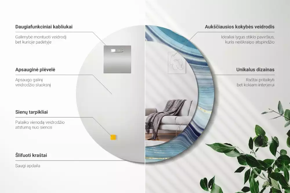 Spiegel mit bedrucktem Rahmen rund Blauer Marmor