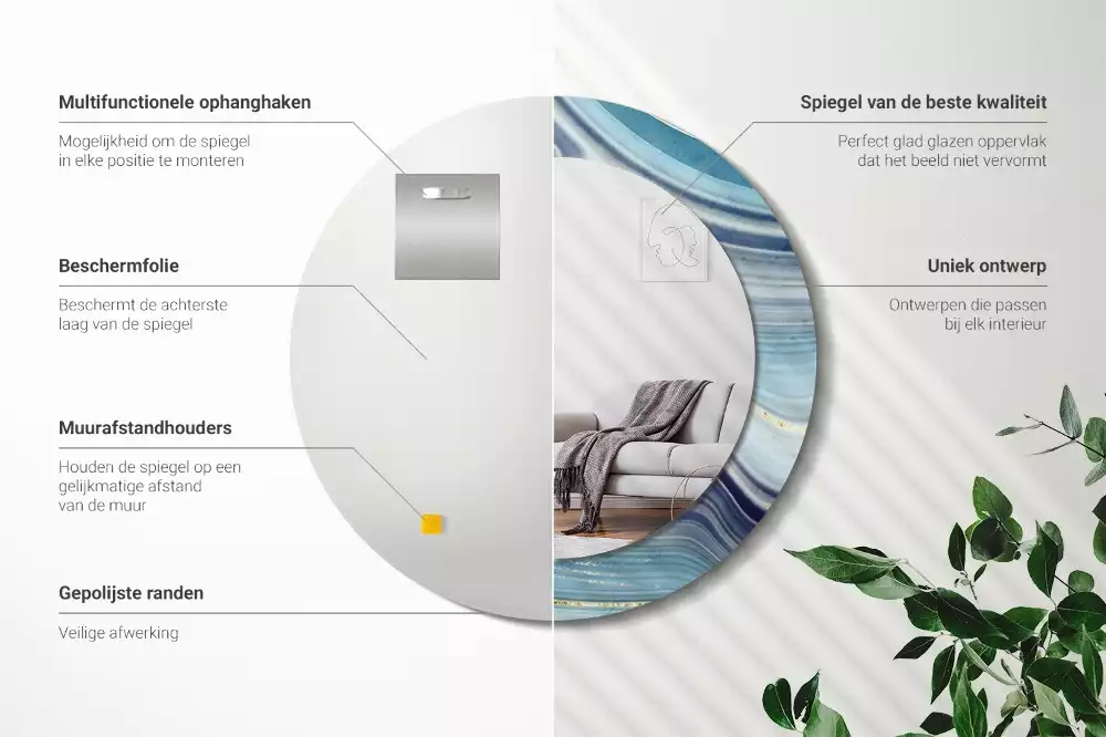 Spiegel mit bedrucktem Rahmen rund Blauer Marmor