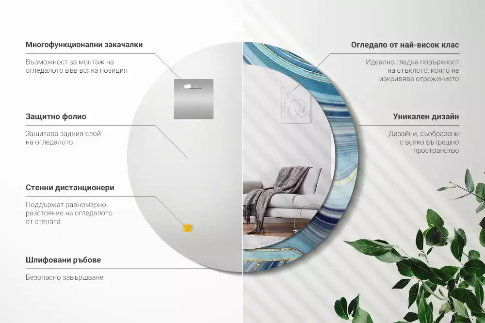 Spiegel mit bedrucktem Rahmen rund Blauer Marmor