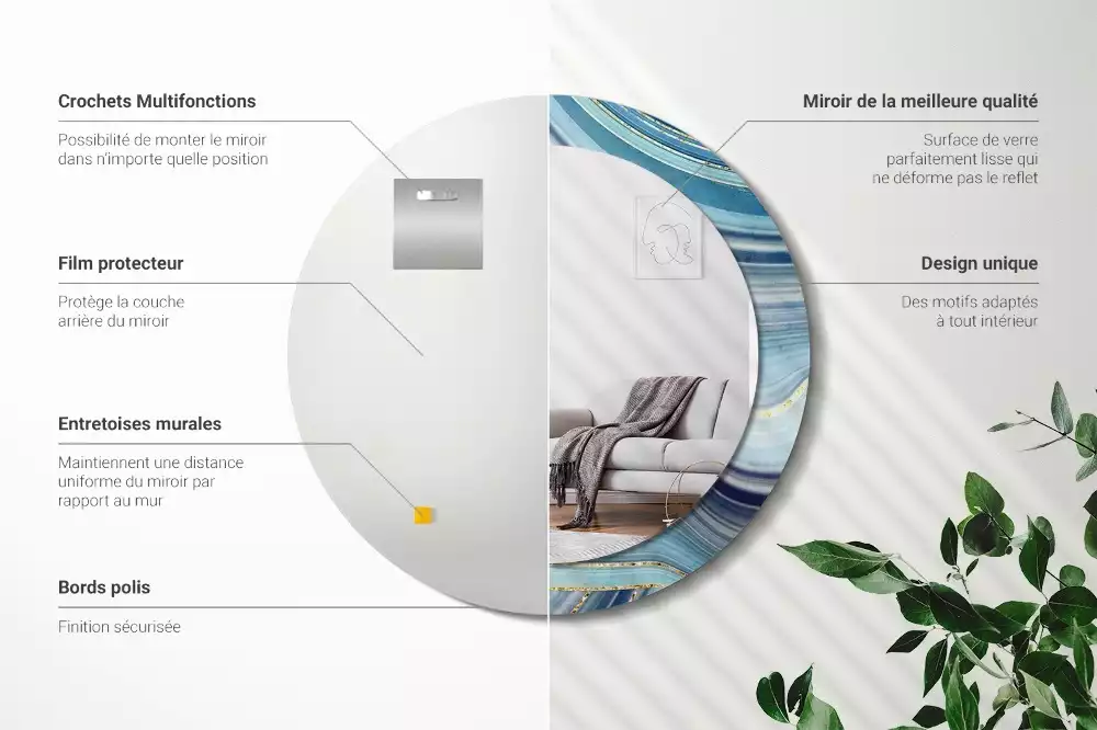 Spiegel mit bedrucktem Rahmen rund Blauer Marmor