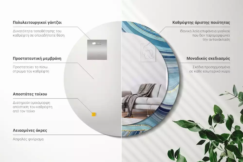 Spiegel mit bedrucktem Rahmen rund Blauer Marmor