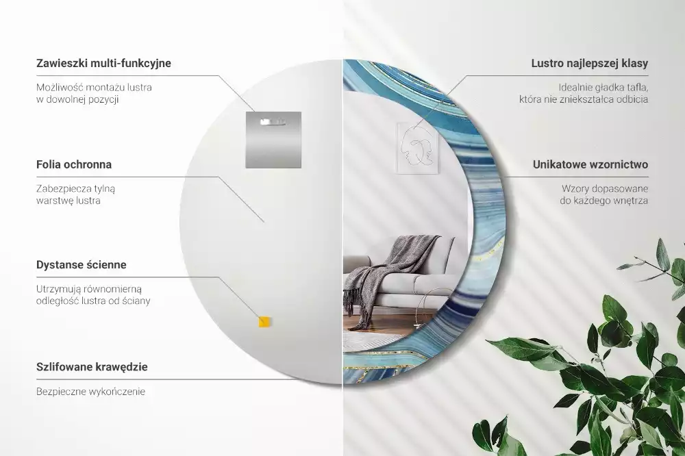 Spiegel mit bedrucktem Rahmen rund Blauer Marmor