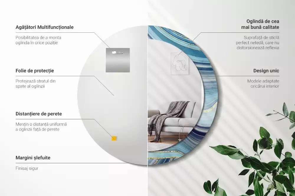 Spiegel mit bedrucktem Rahmen rund Blauer Marmor