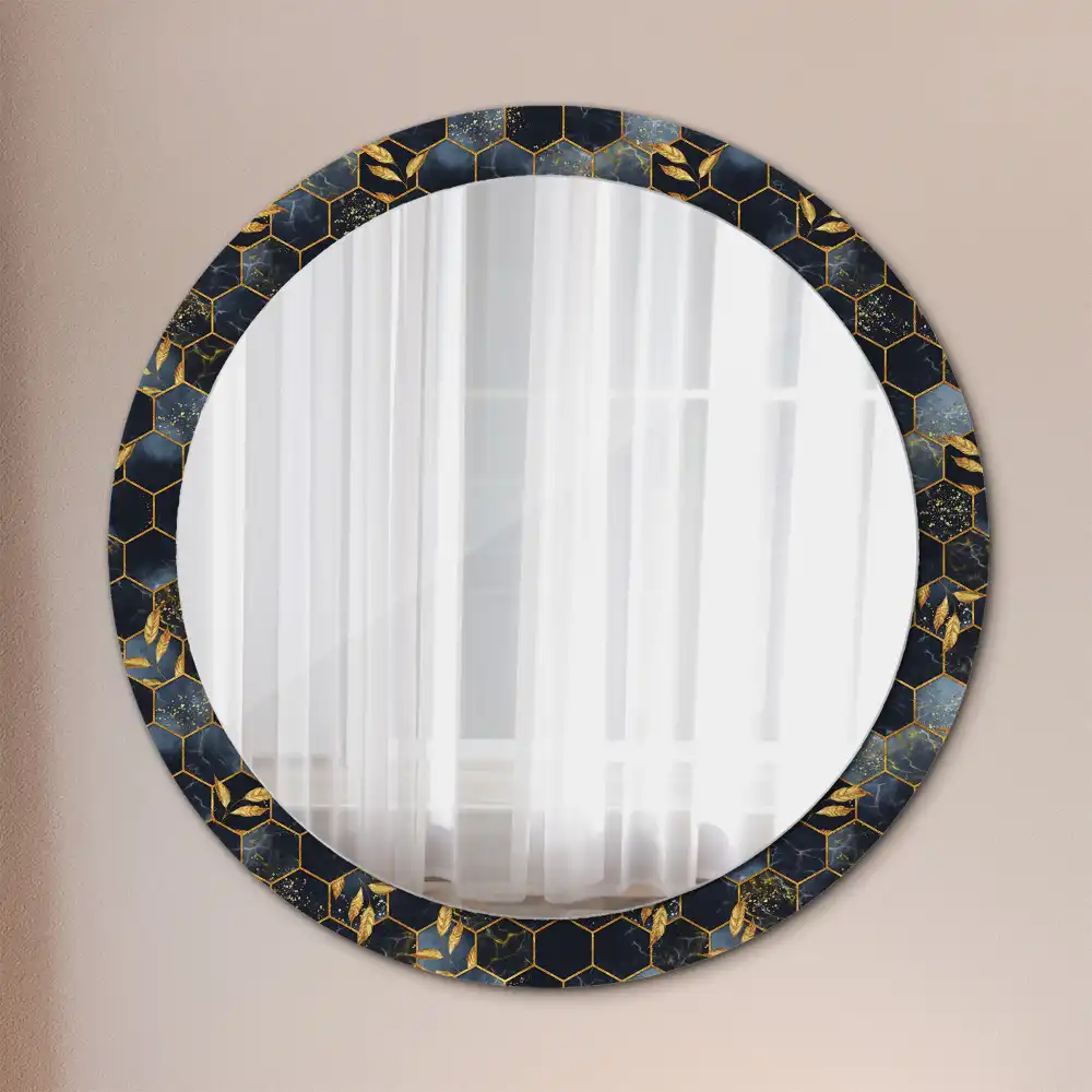 Spiegel mit bedrucktem Rahmen rund Hexagon-Marmor
