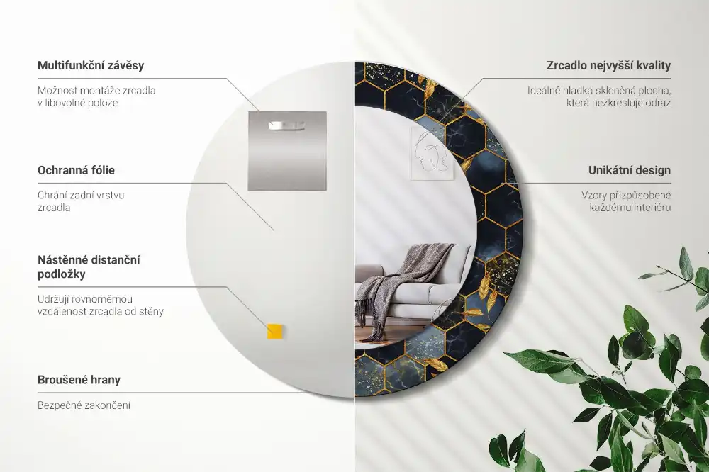 Spiegel mit bedrucktem Rahmen rund Hexagon-Marmor