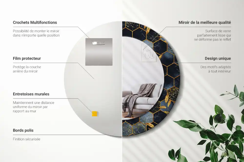 Spiegel mit bedrucktem Rahmen rund Hexagon-Marmor