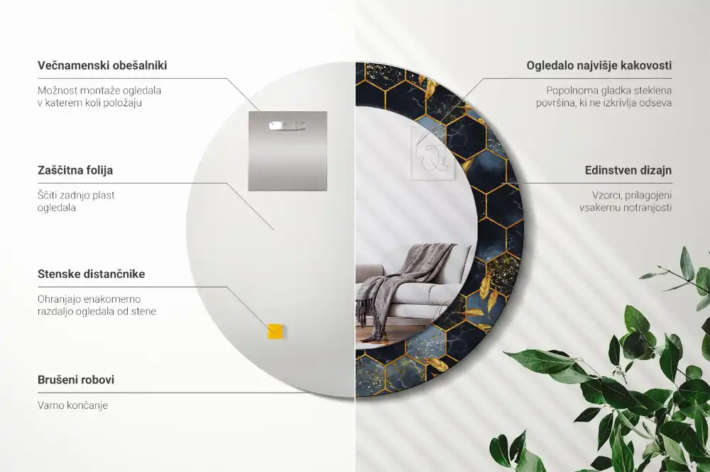 Spiegel mit bedrucktem Rahmen rund Hexagon-Marmor