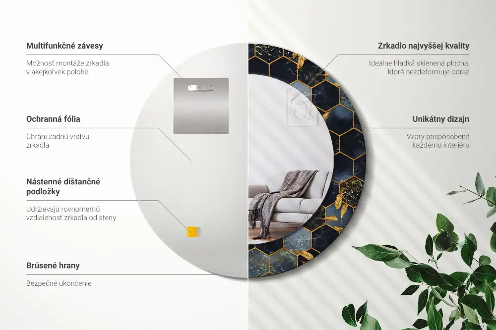 Spiegel mit bedrucktem Rahmen rund Hexagon-Marmor