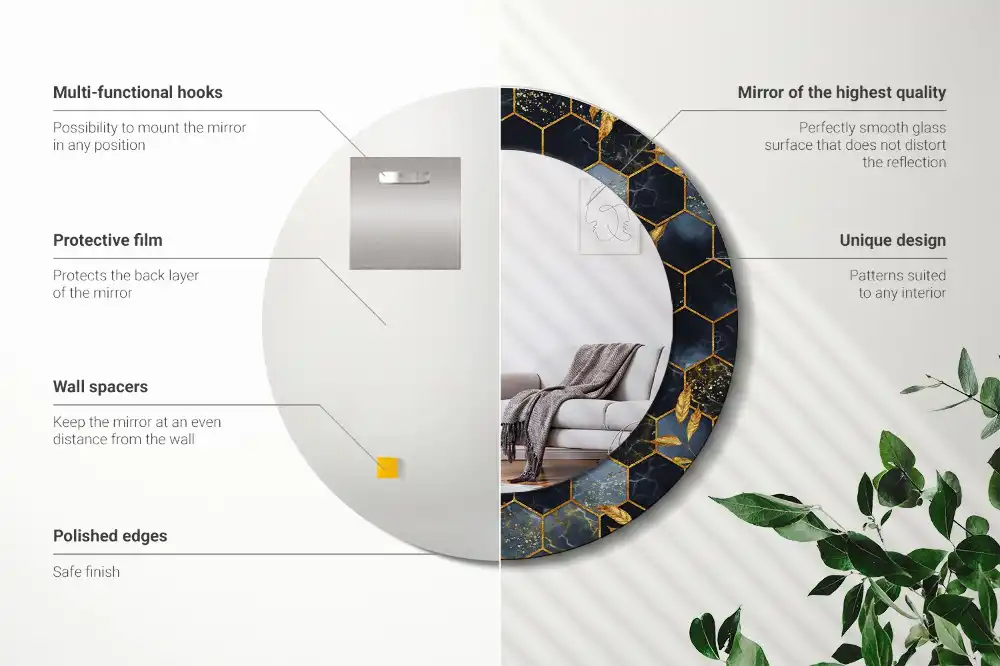 Spiegel mit bedrucktem Rahmen rund Hexagon-Marmor