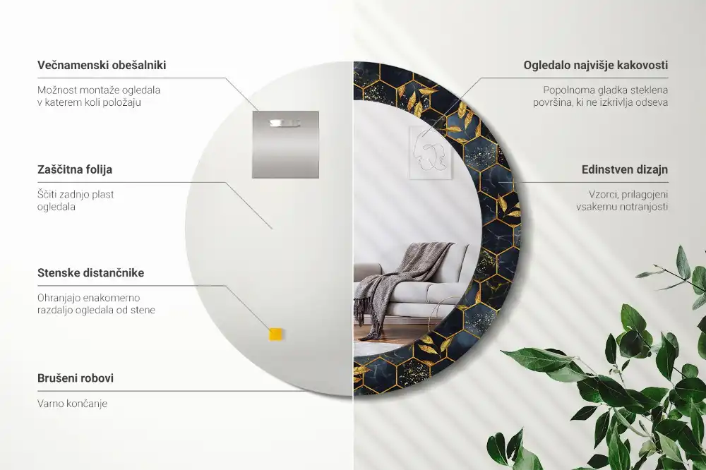 Spiegel mit bedrucktem Rahmen rund Hexagon-Marmor