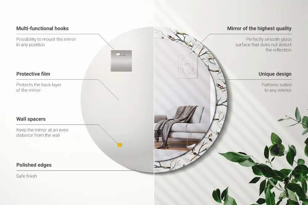 Spiegel mit bedrucktem Rahmen rund Spatzen auf Ästen