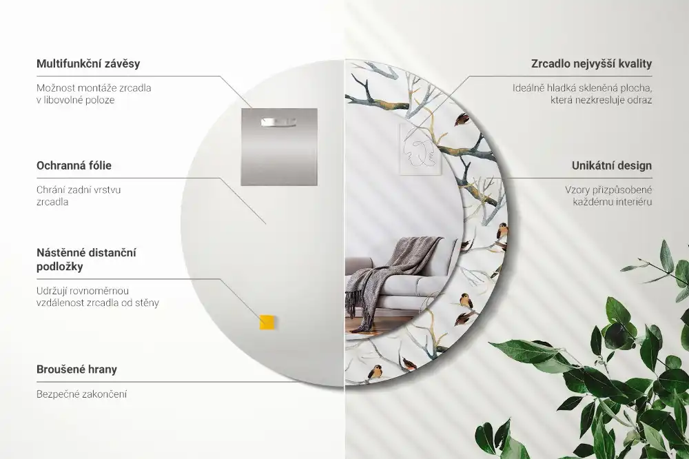 Spiegel mit bedrucktem Rahmen rund Spatzen auf Ästen