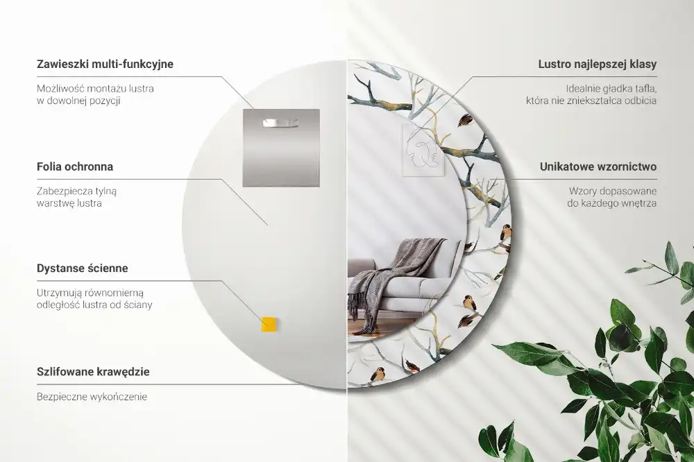 Spiegel mit bedrucktem Rahmen rund Spatzen auf Ästen