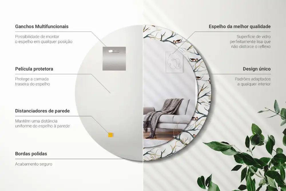 Spiegel mit bedrucktem Rahmen rund Spatzen auf Ästen