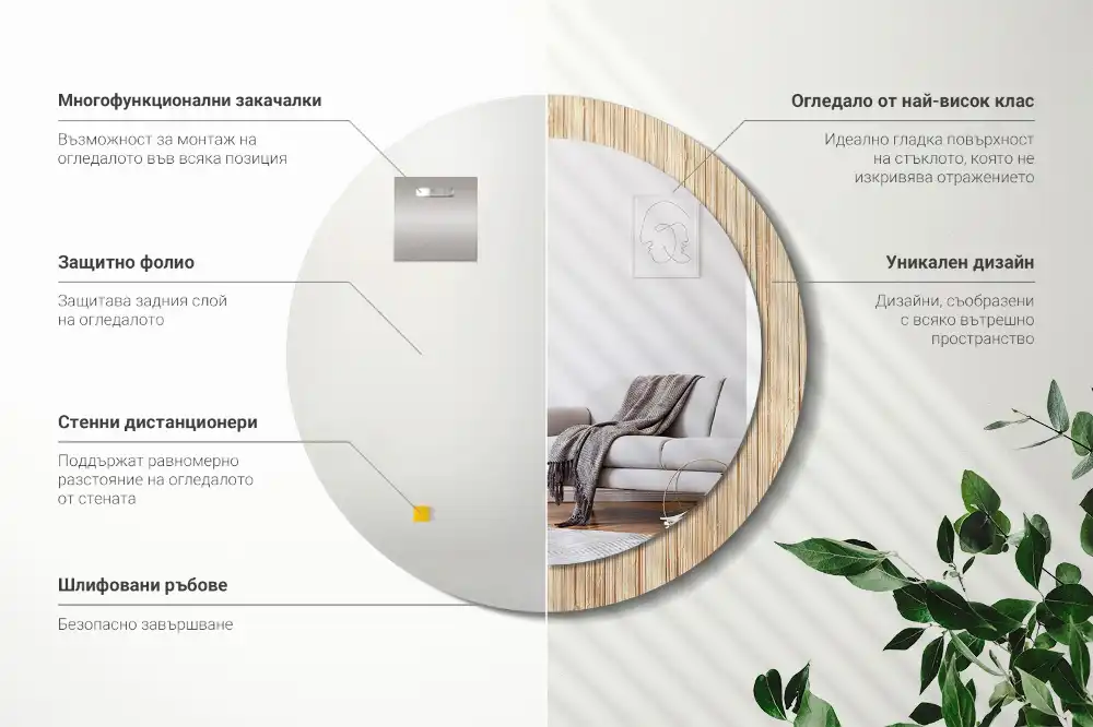 Spiegel mit bedrucktem Rahmen rund Bambus-Stroh