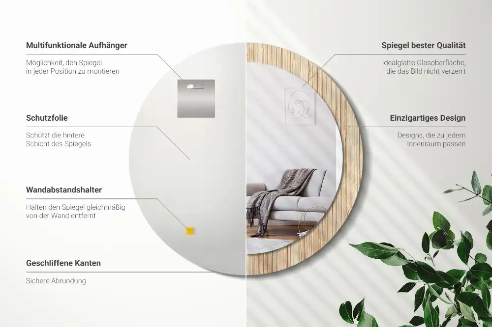 Spiegel mit bedrucktem Rahmen rund Bambus-Stroh