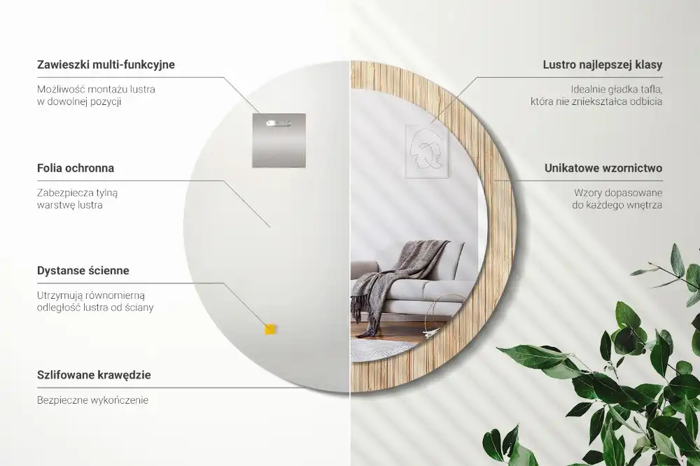 Spiegel mit bedrucktem Rahmen rund Bambus-Stroh