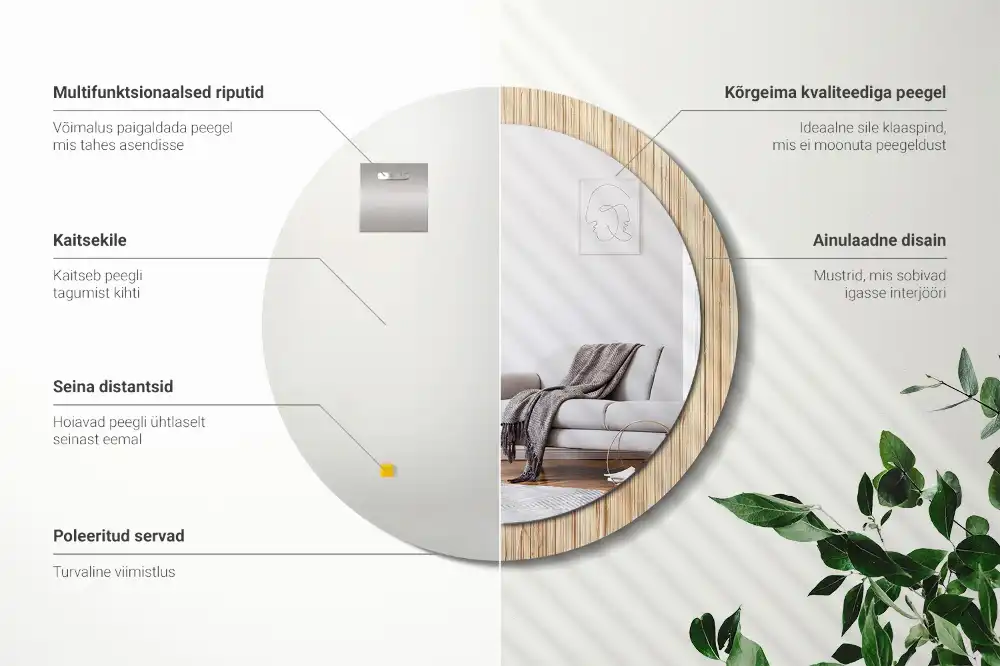 Spiegel mit bedrucktem Rahmen rund Bambus-Stroh