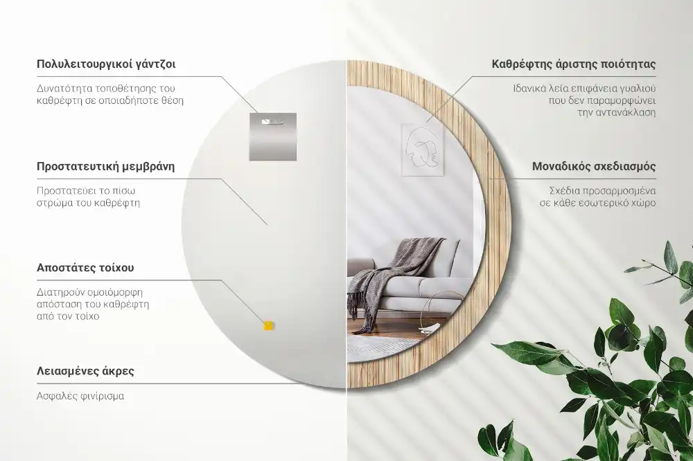 Spiegel mit bedrucktem Rahmen rund Bambus-Stroh