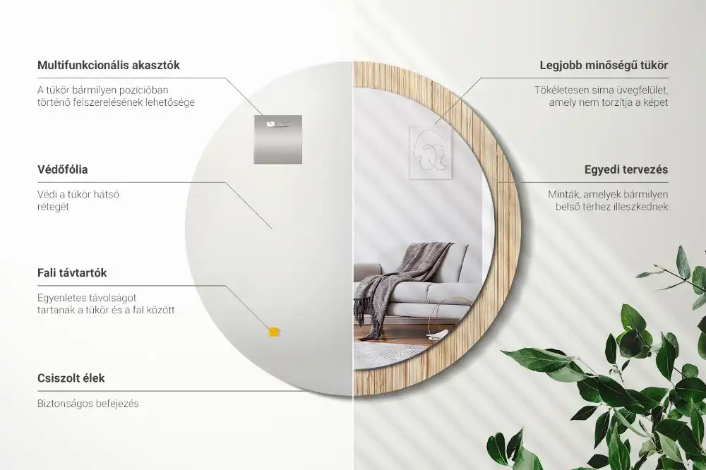 Spiegel mit bedrucktem Rahmen rund Bambus-Stroh