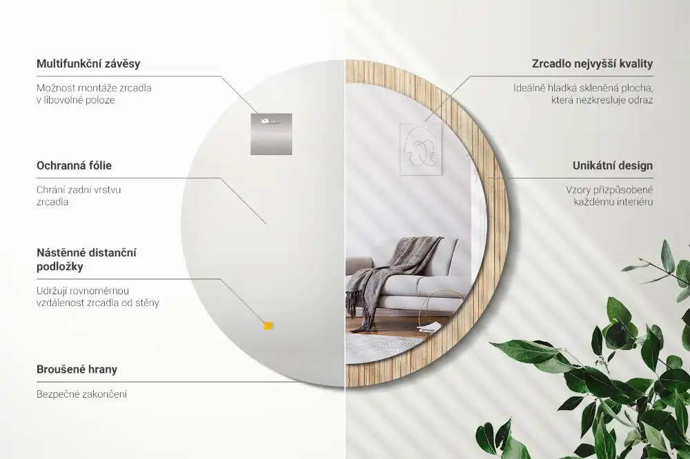 Spiegel mit bedrucktem Rahmen rund Bambus-Stroh