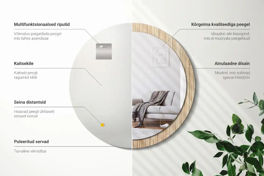 Spiegel mit bedrucktem Rahmen rund Bambus-Stroh