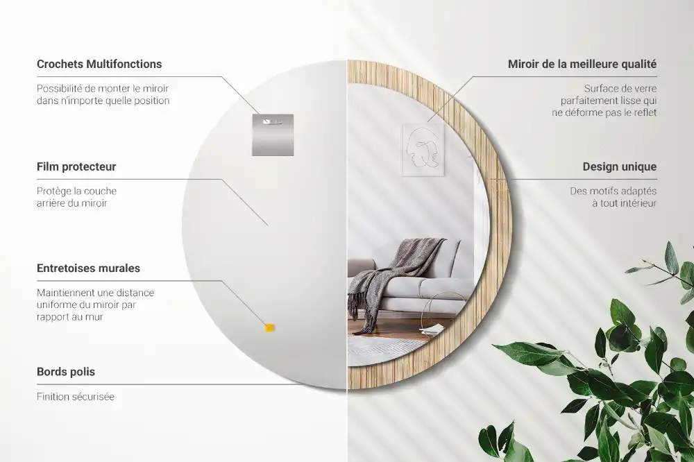 Spiegel mit bedrucktem Rahmen rund Bambus-Stroh