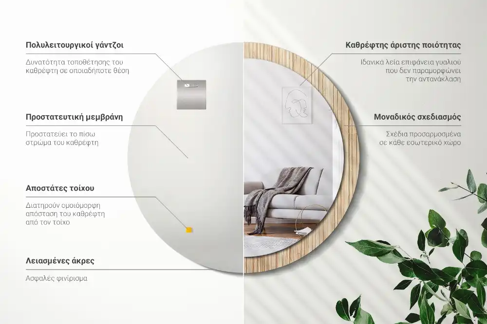 Spiegel mit bedrucktem Rahmen rund Bambus-Stroh