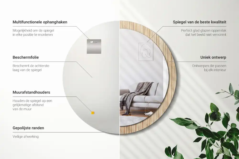 Spiegel mit bedrucktem Rahmen rund Bambus-Stroh