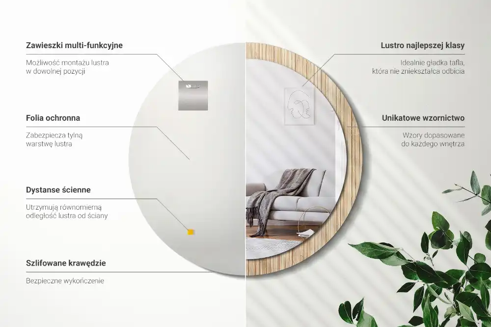 Spiegel mit bedrucktem Rahmen rund Bambus-Stroh