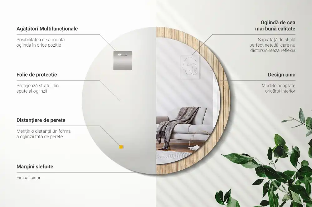 Spiegel mit bedrucktem Rahmen rund Bambus-Stroh