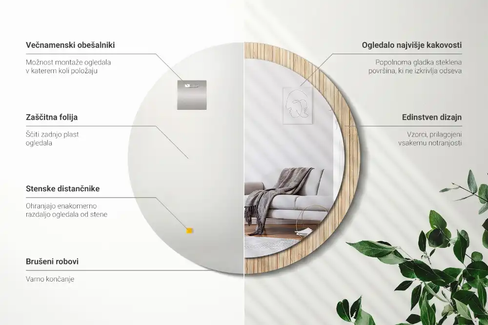 Spiegel mit bedrucktem Rahmen rund Bambus-Stroh