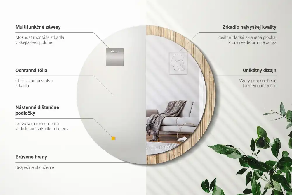 Spiegel mit bedrucktem Rahmen rund Bambus-Stroh